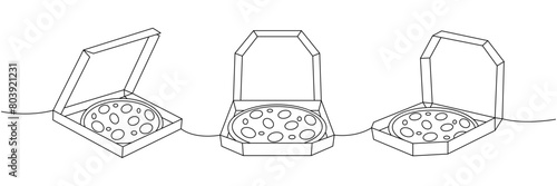 Italian pizza in boxes one line continuous drawing. Traditional italian fast food continuous one line illustration.
