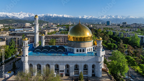 View from a quadcopter of the Central Mosque of the Kazakh city of Almaty on a spring day
