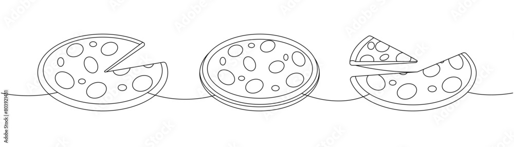 Fresh pizza one line continuous drawing. Traditional italian fast food continuous one line illustration. Fresh pizza one line continuous drawing. Traditional italian fast food continuous one line illustration.