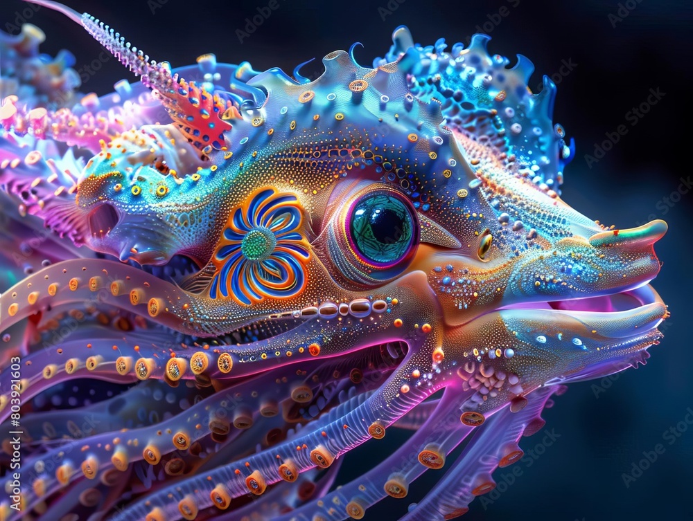 A 3D rendering of a colorful alien creature with tentacles and a large eye. A 3D rendering of a colorful alien creature with tentacles and a large eye.