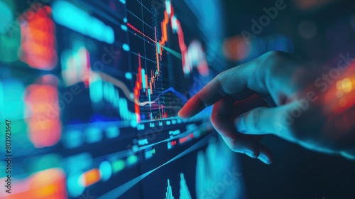 Close-up of finger highlighting trading patterns on computer screen, monitoring market fluctuations for profitable trading opportunities. photo