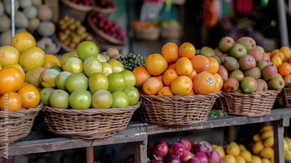 Colorful assortment of ripe fruits arranged in a wicker basket, ready for sale at a roadside fruit stand.
