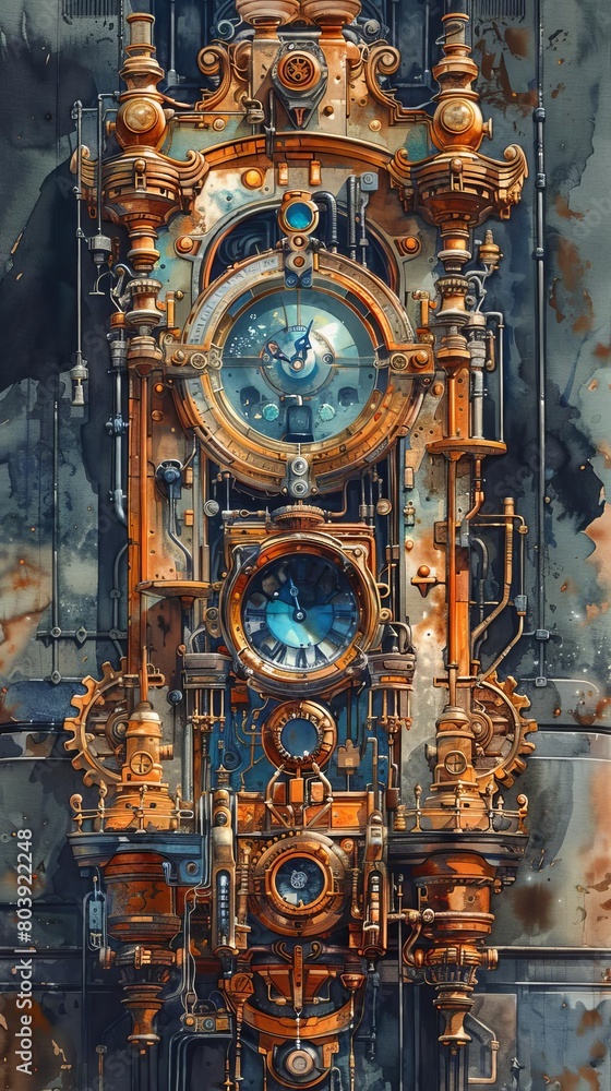 Illustrate a detailed watercolor painting capturing the essence of rear view technology in a retro-futuristic setting Illustrate a detailed watercolor painting capturing the essence of rear view technology in a retro-futuristic setting
