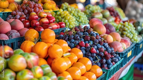 Colorful fruit display in a street market  attracting shoppers with a variety of ripe and succulent options for sale.