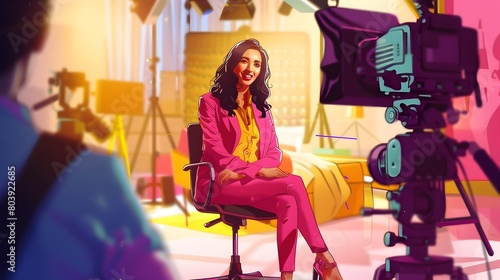Young Middle Eastern Female Host Smiling on Vibrant Film Set in Pink Blazer and Yellow Top