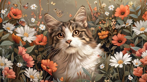 Illustrate a curious cat exploring a lush garden from an eye-level perspective