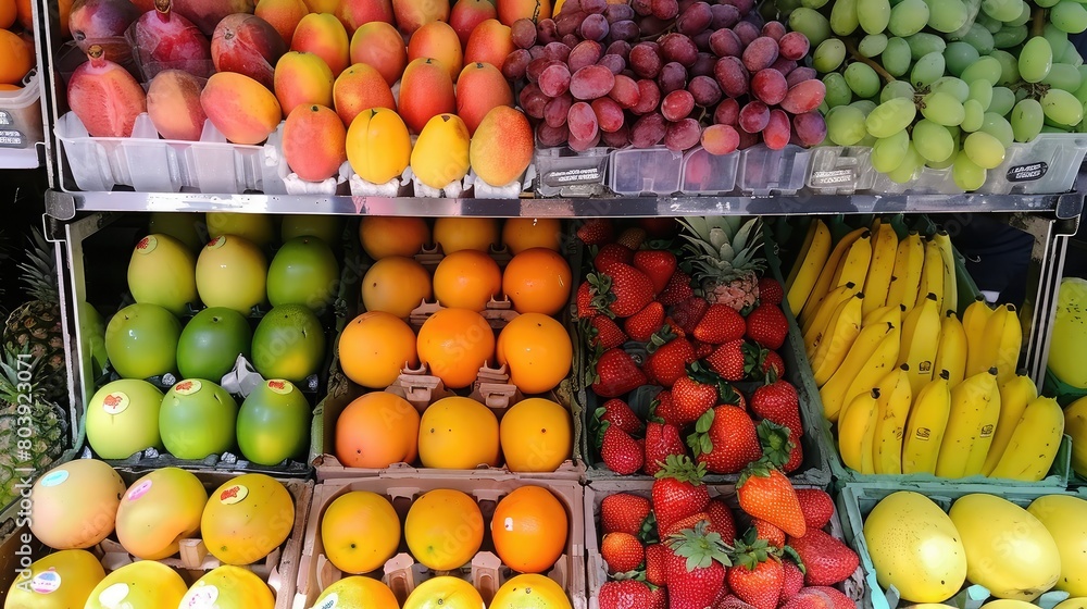 Fresh fruit display at a market stall, showcasing vibrant colors and varieties for sale to customers.
