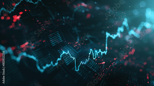 Widescreen abstract financial chart with uptrend line graph and candlestick on black and blue color background photo