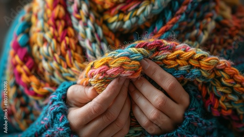 Illustrate a close-up frontal view of a knitters hands skillfully creating a colorful patterned scarf, emphasizing the intricate weaving of yarn textures under natural light photo