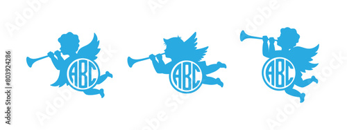 Cherub with monograms. Herald angel name monogram. Angel with a wings. Cherub blowing into a tube. Vector illustration.