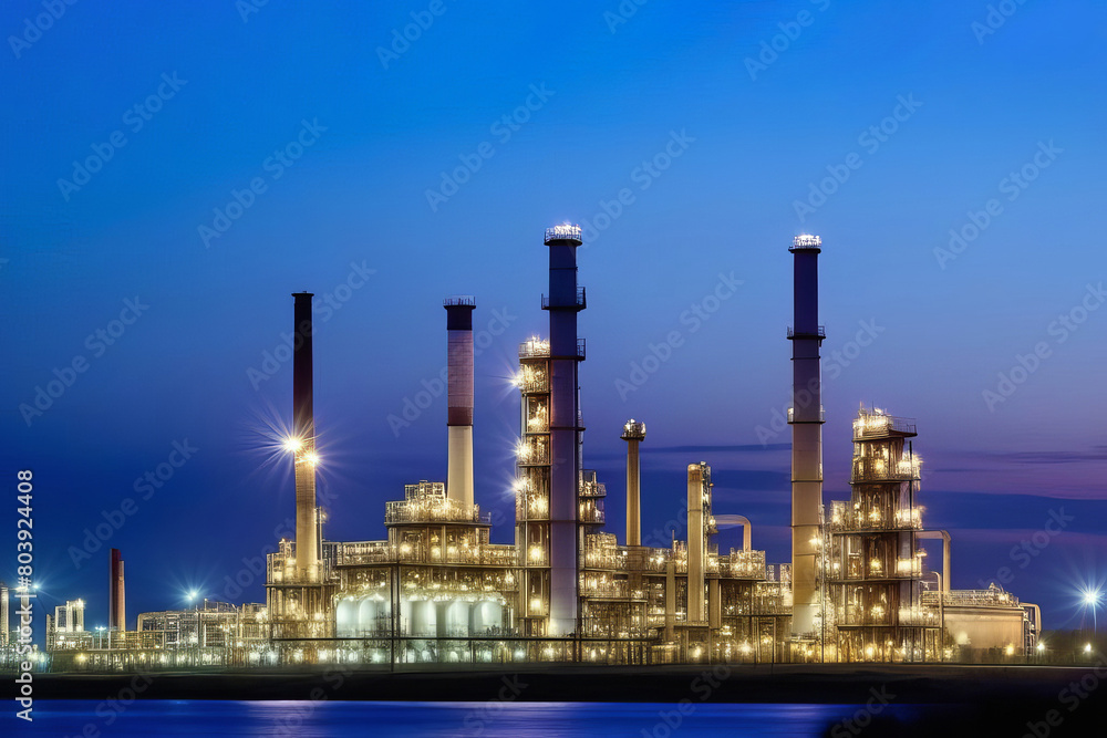 Illuminated industrial plant at night, showcasing the power of heavy industry Illuminated industrial plant at night, showcasing the power of heavy industry