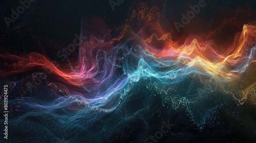 Illuminated waves of color dancing across a dark background, evoking a sense of energy and motion. photo