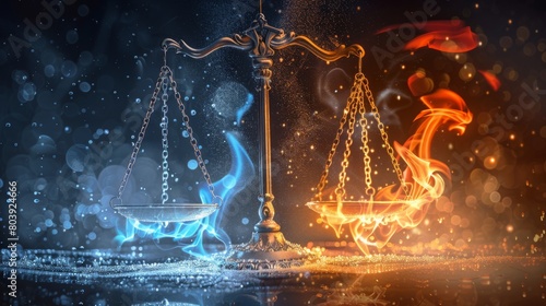 Balance scales with flames and ice as metaphors - An evocative image depicting balance scales with contrasting flames and ice  representing opposing forces and equilibrium