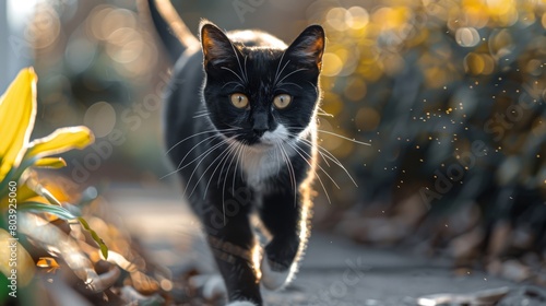 Domestic black and white cat stalking prey playfully  © robfolio