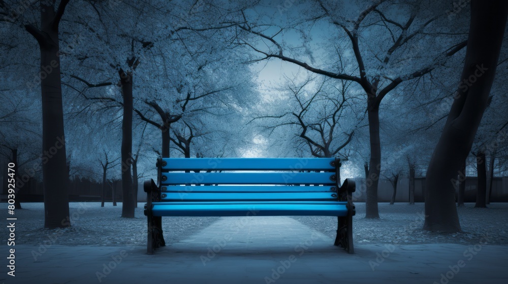 A blue bench stands out against a monochrome background Blue Monday concept