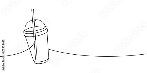 Plastic glass coffee cup one line continuous drawing. Hand drawn elements for cafe menu, coffee shop. Vector linear illustration.