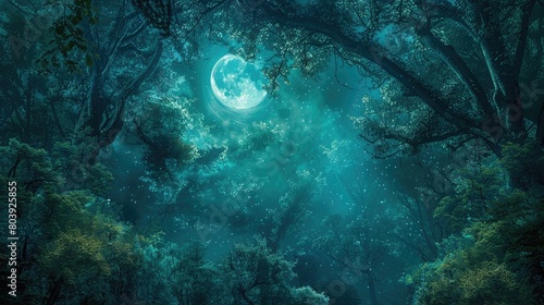 Soft, ethereal waves of moonlight filtering through a canopy of trees, illuminating the forest floor below.