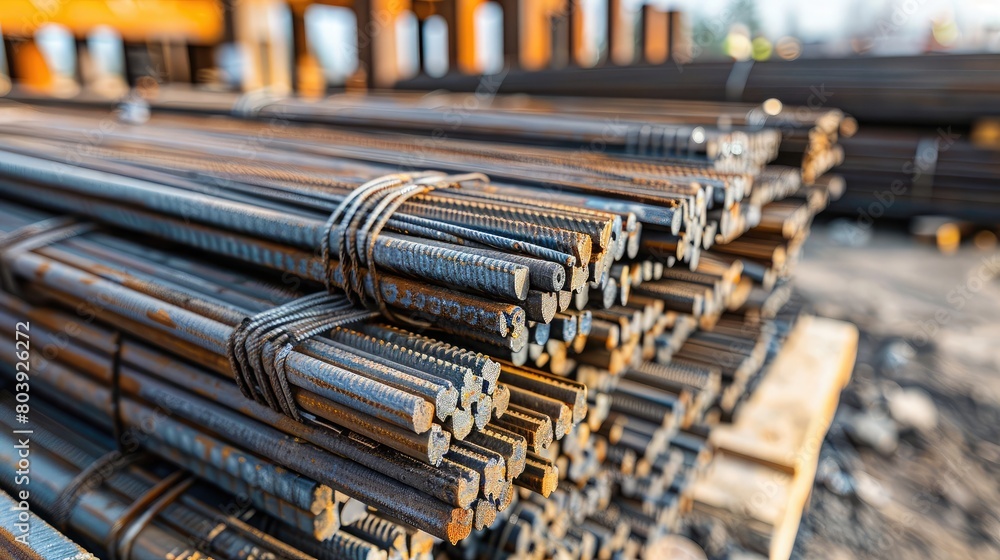 Steel reinforcement bars stacked on pallets at a construction site, ready to be incorporated into concrete structures.
