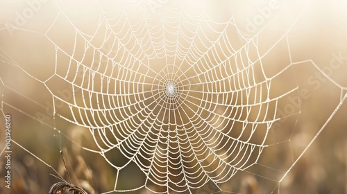 A close-up of a dew-covered spider web, its intricate design captured in the early morning light.