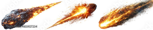 Asteroid collection, bundle of three burning meteors with a fire tail, isolated on a white background