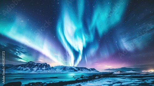 Vibrant aurora borealis illuminating the night sky with swirling waves of colorful light, a mesmerizing natural phenomenon. © buraratn