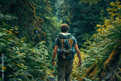 A man with a backpack hikes through a lush green forest, Summer hiking adventure photo