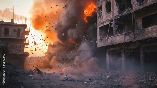 Buildings collapsing in bomb explosions in city war zone