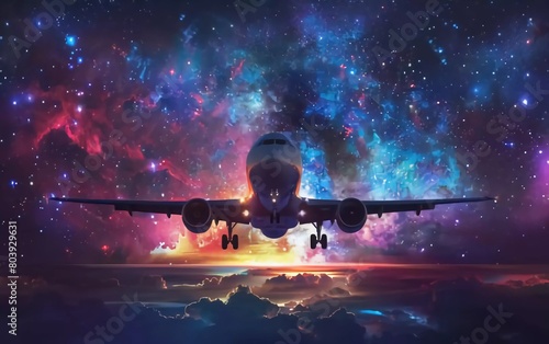 airplane with colorful energy, digital art style, illustration painting with stars in front of the Milky Way galaxy