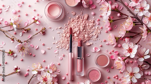 Cosmetic branding, girly and glamour concept - Eyeshadow palette, lipstick and cherry blossom flowers on pink background, make-up and cosmetics product for luxury beauty brand holiday design