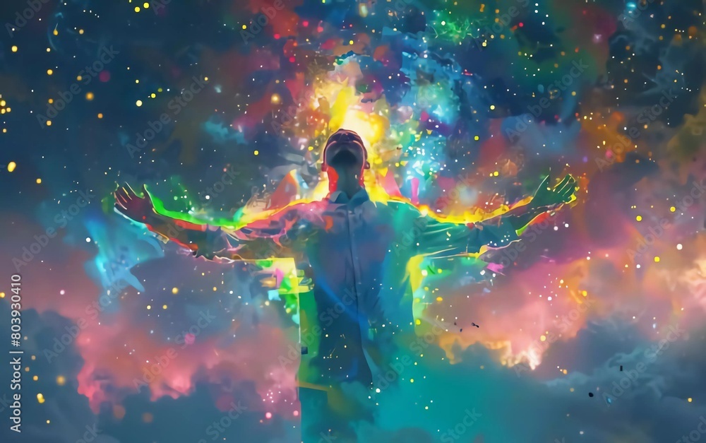 man with colorful energy, digital art style, painting illustration with stars in front of the Milky Way galaxy man with colorful energy, digital art style, painting illustration with stars in front of the Milky Way galaxy