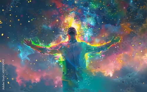 man with colorful energy  digital art style  painting illustration with stars in front of the Milky Way galaxy