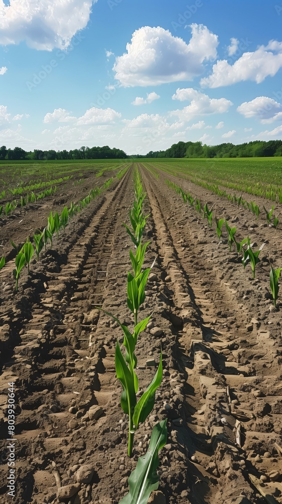 Vibrant young corn plants arranged in neat rows stretch across a farm under a cloudy sky.
Vibrant young corn plants arranged in neat rows stretch across a farm under a cloudy sky.
