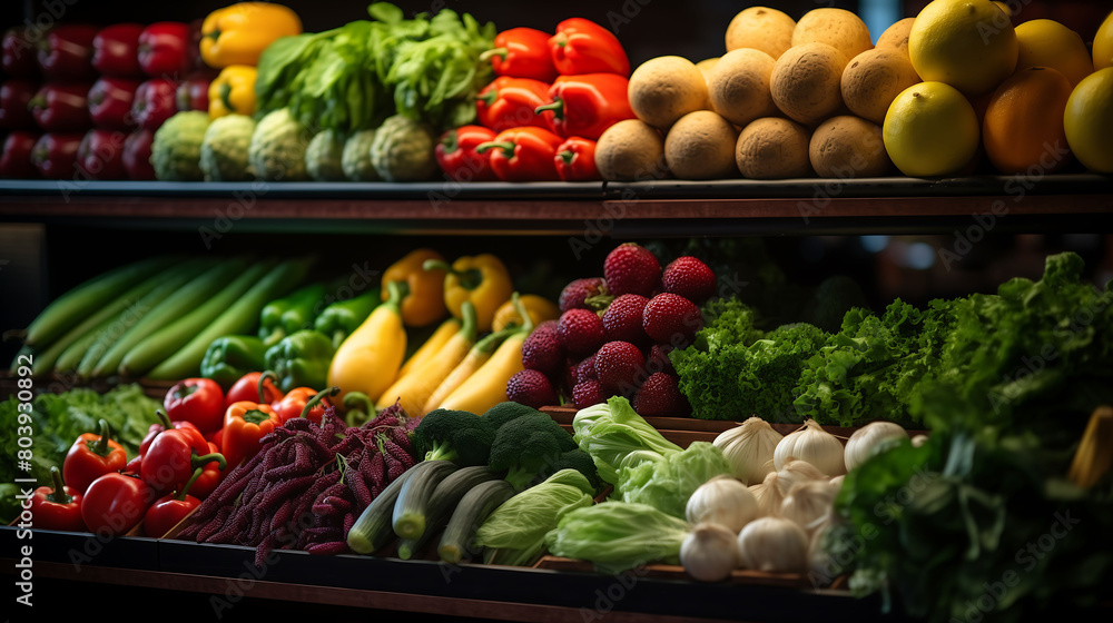 Various Fruits and Vegetables on Shelf at Supermarket Fresh and Healthy Food Concept AI Generated Various Fruits and Vegetables on Shelf at Supermarket Fresh and Healthy Food Concept AI Generated