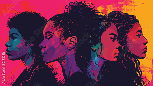 Four of young feminists on color background. Concept photo