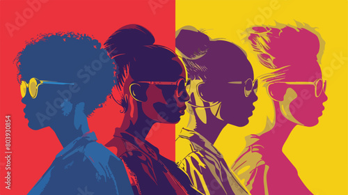 Four of young feminists on color background. Concept photo