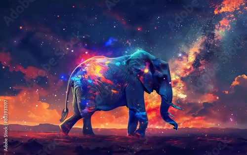 elephant with colorful energy, digital art style, illustration painting with stars in front of the Milky Way galaxy photo