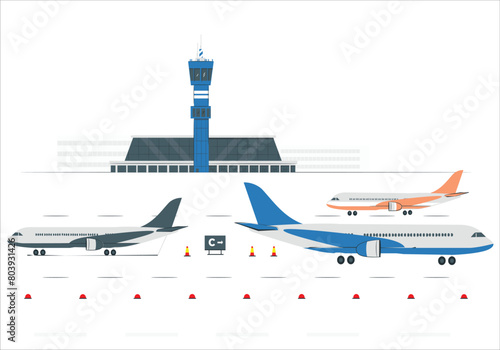 Airport Terminal With Aircraft Flying Plane Taking Off. Isometric airport building and runway, plane taking off. International airport terminal isolated illustration. City airport runway strip. 1309