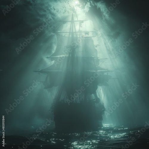 An ancient pirate ship sails the sea among thick fog with a little help from sunlight, realistic vintage travel