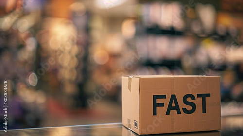 A close-up shot of a cardboard box with the word "FAST" written on it, positioned against a blurred background resembling an online store. The background features blurred brown tones