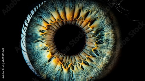 Close up of eye iris on black background, macro, photography photo