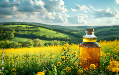 Bottle of pure rapeseed oil stands amidst blooming yellow flowers with rolling green hills under a vivid sunset sky photo