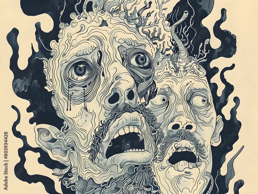 Fototapeta premium Distressed Expedition Through Eldritch Wilderness Bewildered Expressions of Lost Explorers Facing Supernatural Horrors