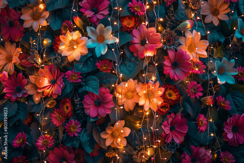 Beautiful fairy lights pattern with flowers for background © grey