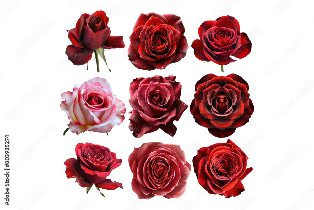 Obraz premium Different parts of red rose flower isolated on transparent background