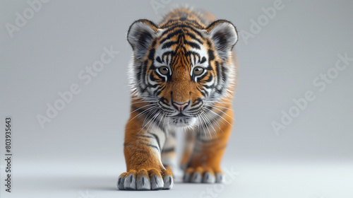 An animated baby tiger staring forward on a white background. photo