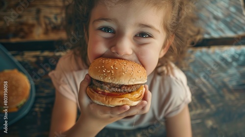 A small child is holding a large hamburger and biting into it with relish.