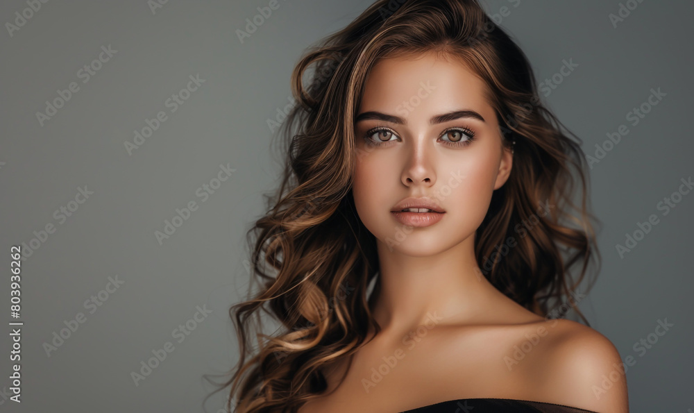 Fototapeta premium Beautiful girl with long curly brown hair