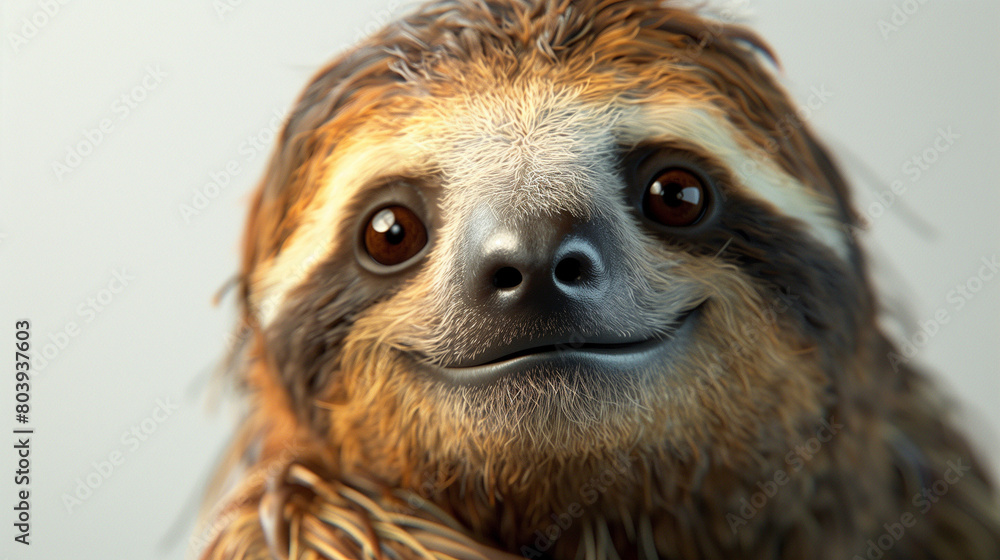 Close-up of an animated, friendly-looking sloth with a big smile, on a white background. Close-up of an animated, friendly-looking sloth with a big smile, on a white background.