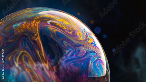 A close-up of a soap bubble  its surface a mesmerizing pattern of swirling colors and reflective light against a dark  void-like background.