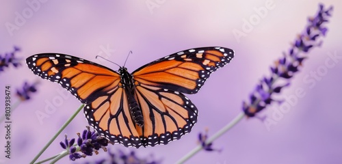 A close-up of a vibrant, orange monarch butterfly, its wings open and detailed, perched delicately on a sprig of lavender, set against a light.